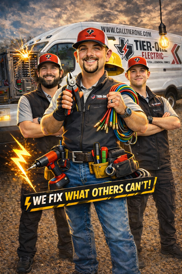 Three electricians pose in front of a work van, holding tools and electrical wire;