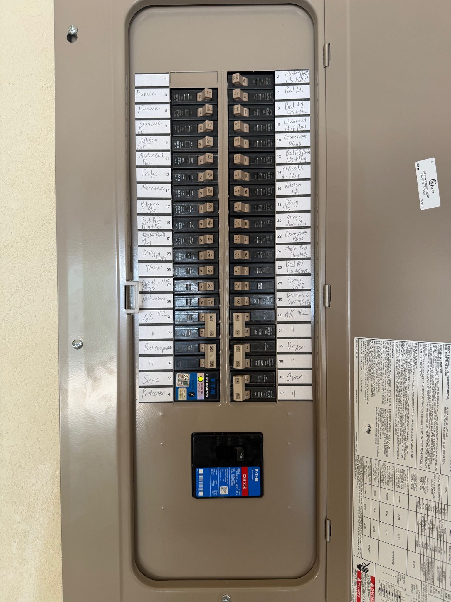 Residential electrical panel with labeled breakers and whole-home surge protection installed by Tier-One Electric.