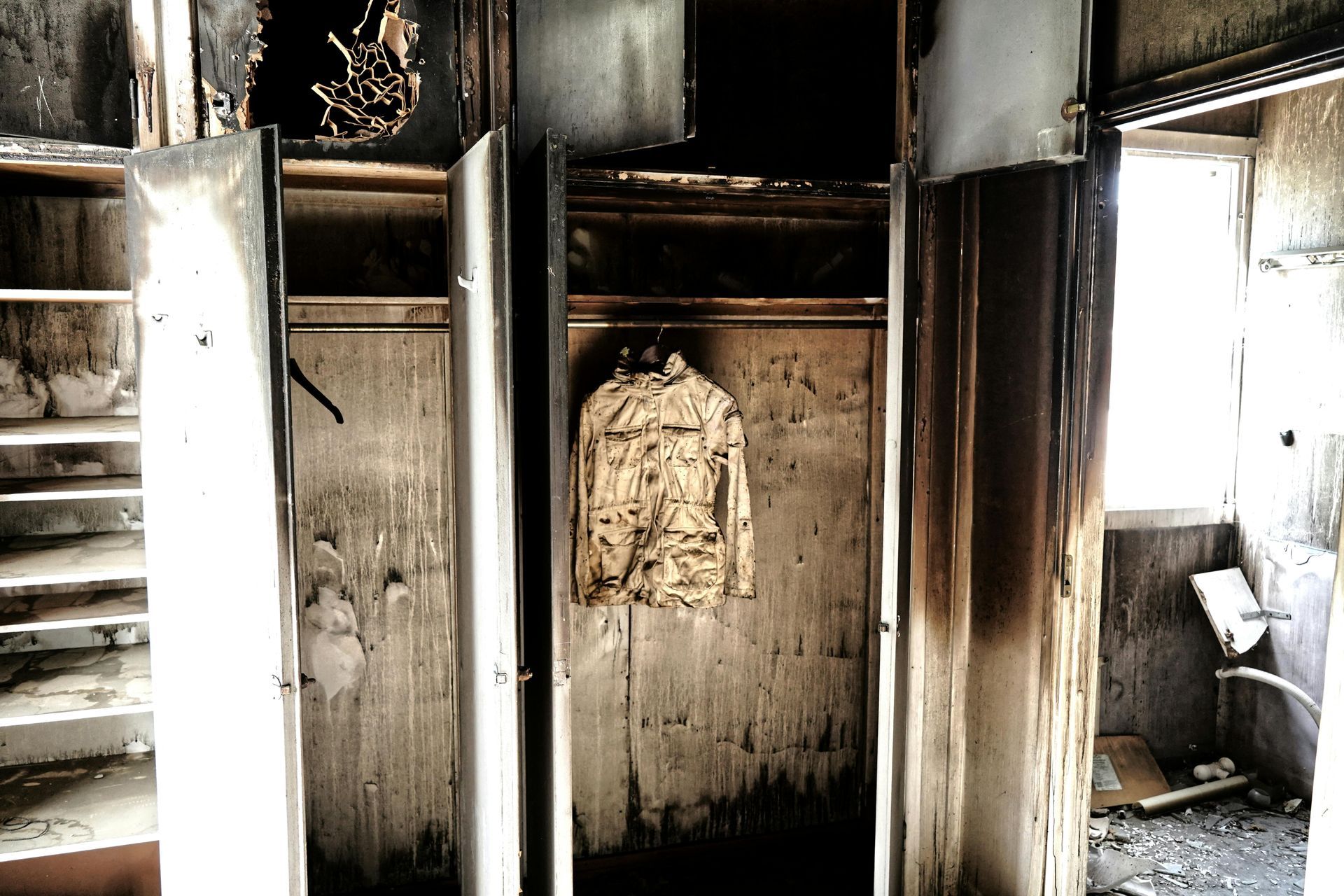 Burnt kitchen before and after fire restoration in Las Vegas