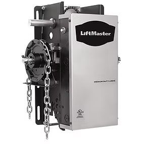 A liftmaster garage door opener with chains attached to it.