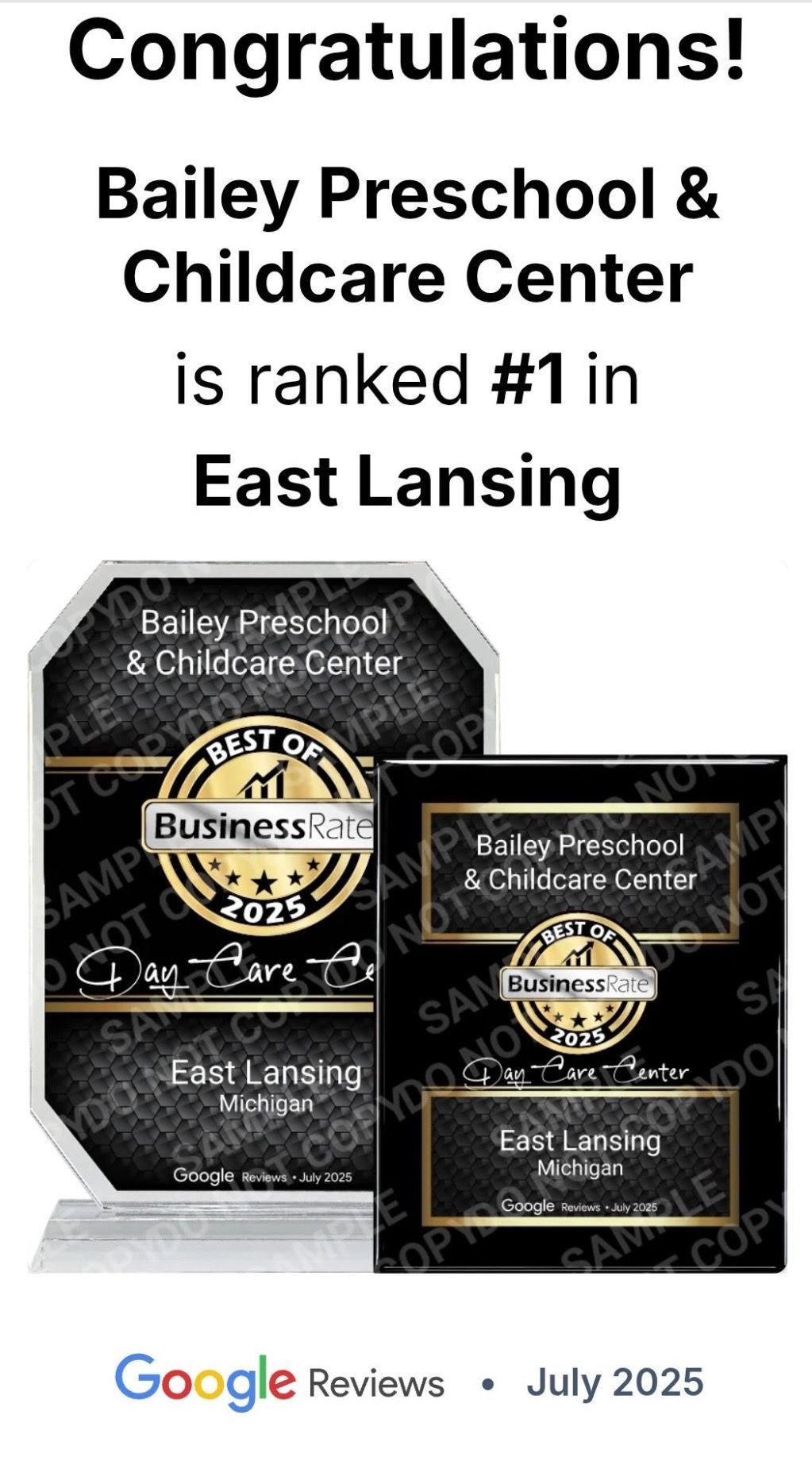 A digital award graphic stating Bailey Preschool & Childcare Center is ranked #1 in East Lansing, based on Google Reviews.