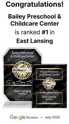 A digital award graphic stating Bailey Preschool & Childcare Center is ranked #1 in East Lansing, based on Google Reviews.