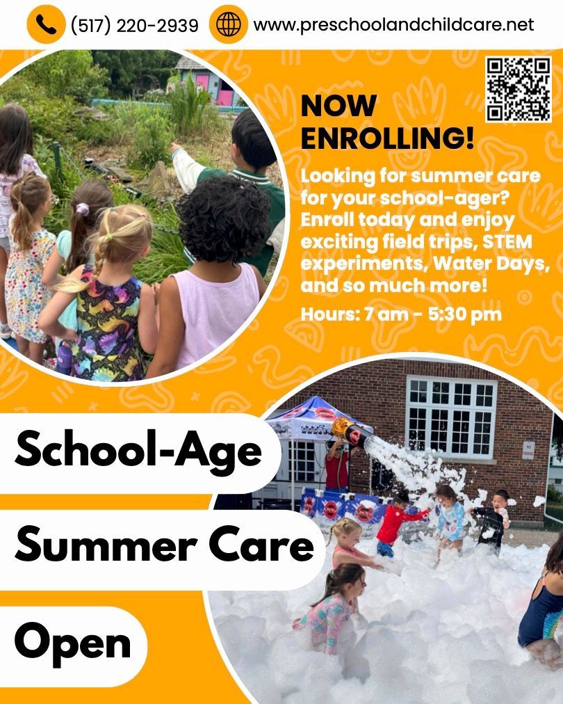 A flyer for summer childcare shows children exploring outdoors and playing in foam, with contact details and info.