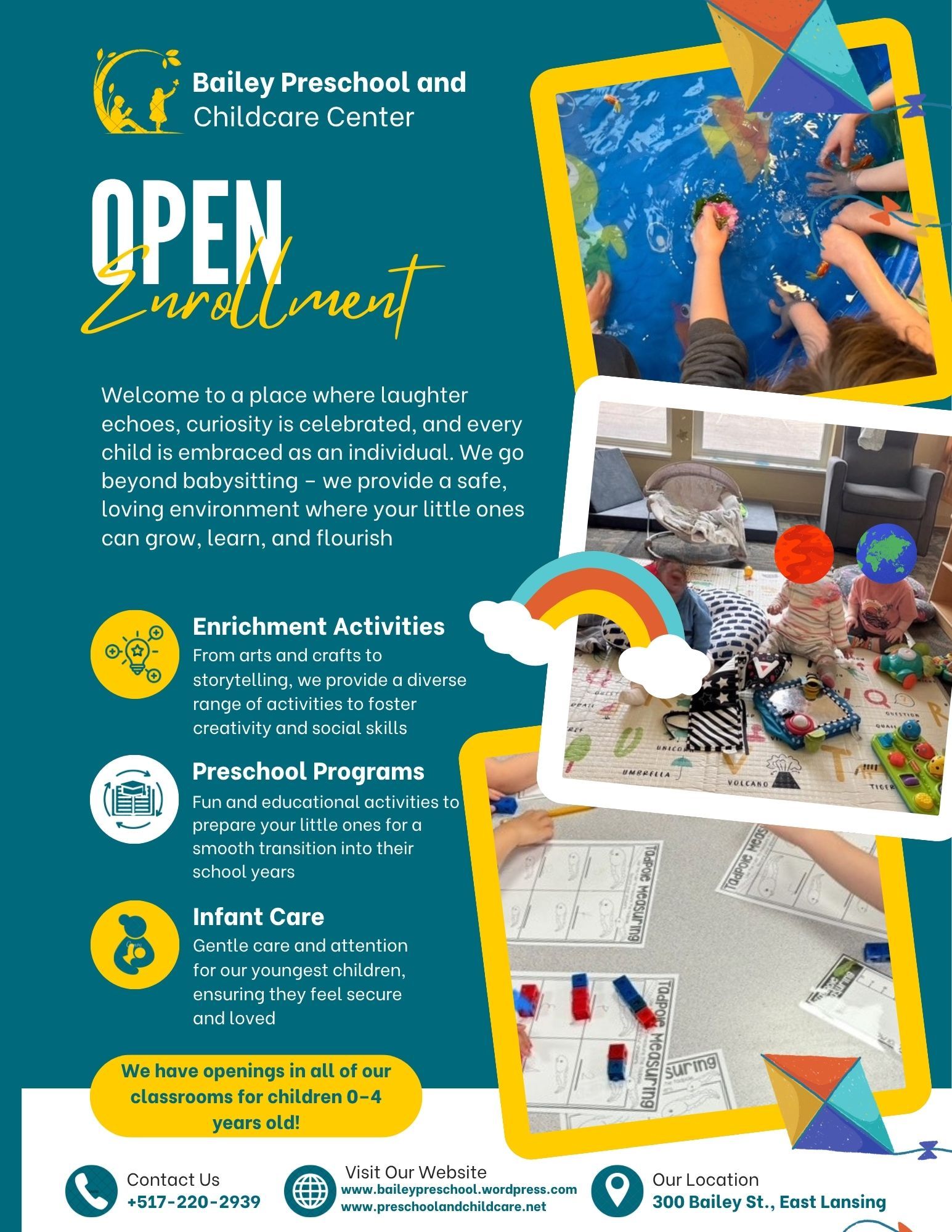 Open Enrollment flyer for Bailey Preschool and Childcare Center with child art and activity photos