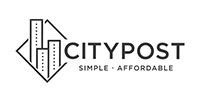 Logo for CityPost featuring a black-and-white icon of three city buildings inside a diamond shape, text 