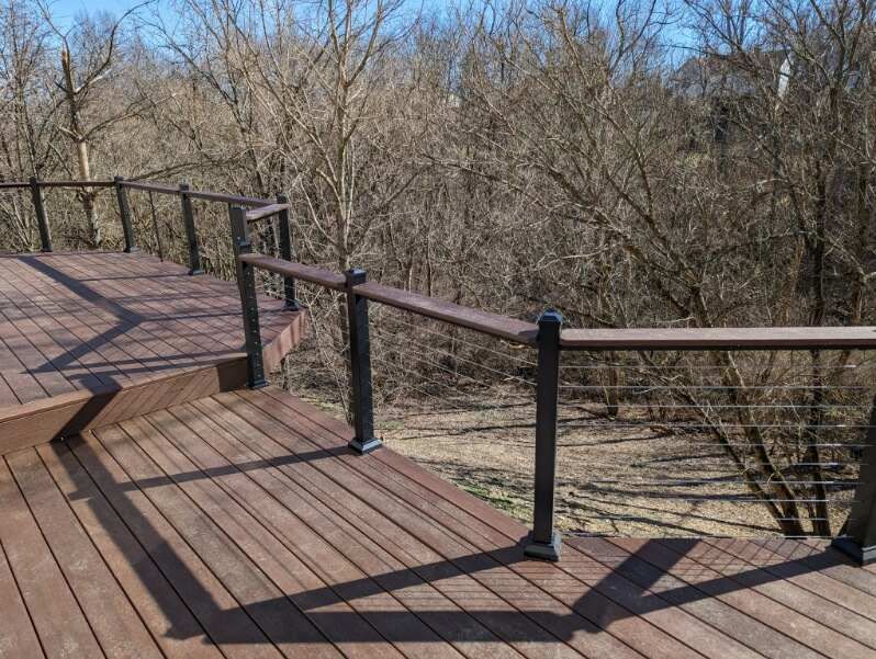 Wooden boardwalk with black railings overlooking leafless trees on a hillside