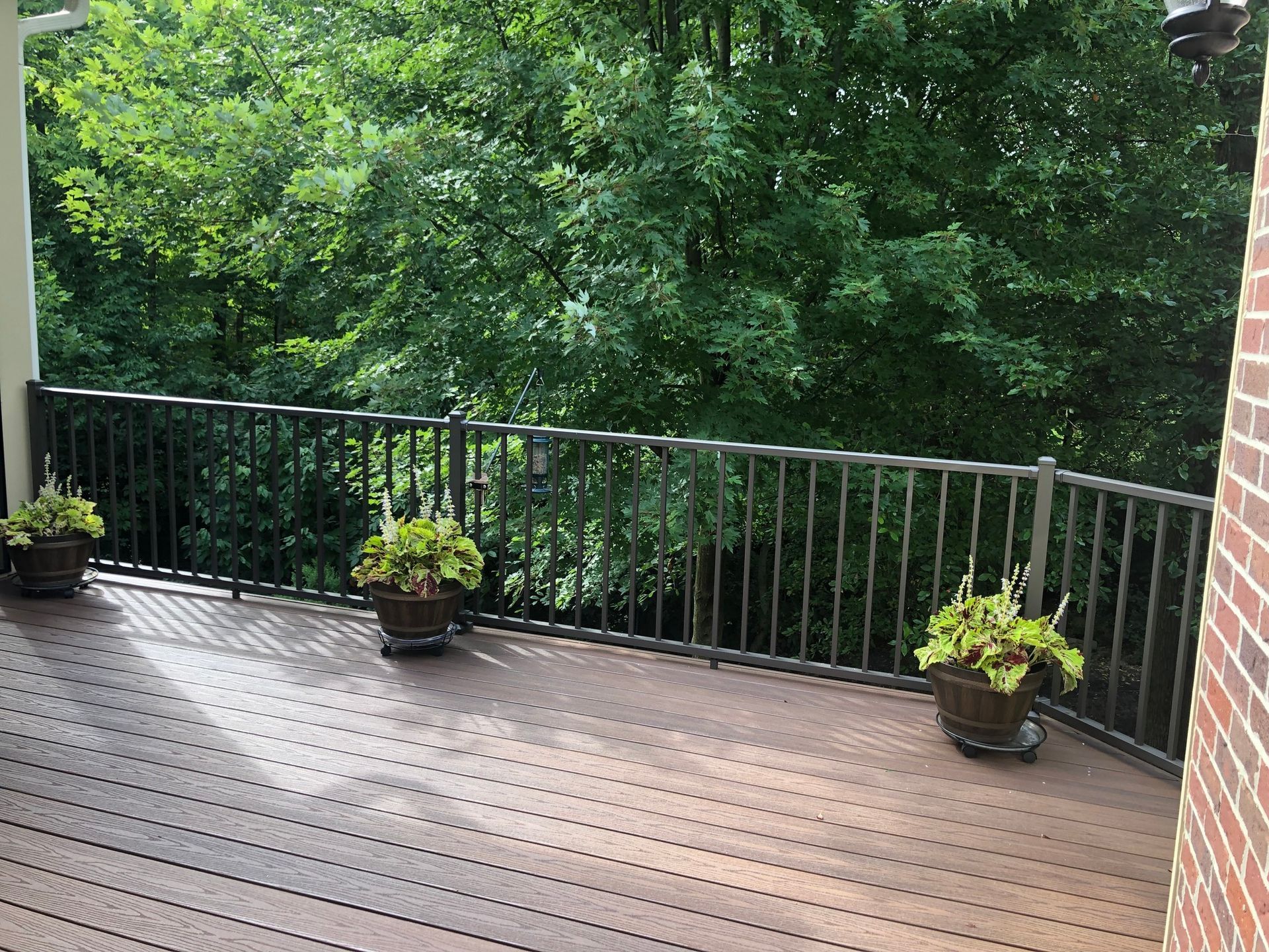 A wooden deck with a black metal railing overlooking lush green trees, featuring three potted plants in the foreground.