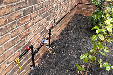 Black irrigation pipes and valves against a brick wall, sitting on mulch with a green plant nearby.
