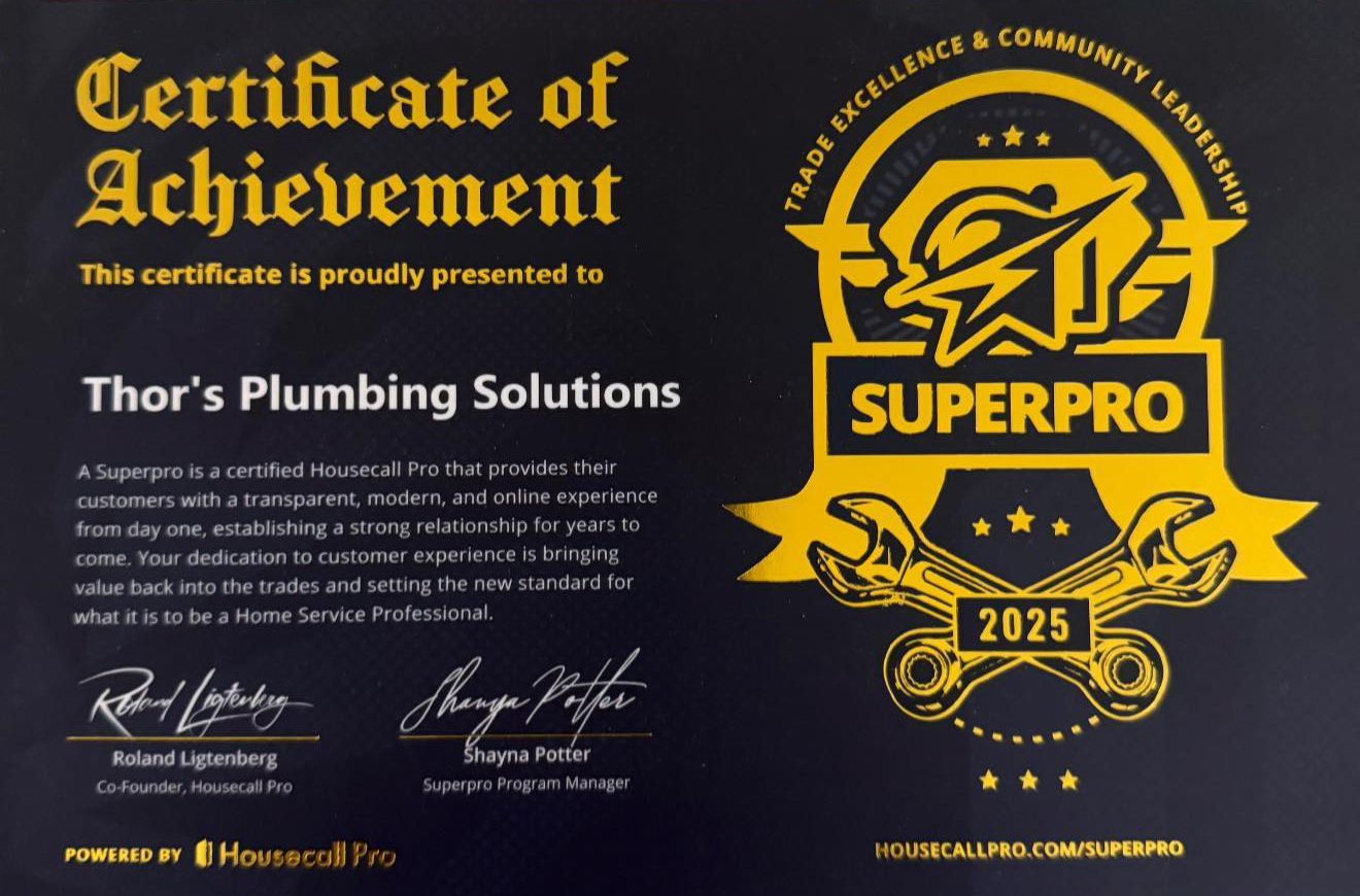 Certificate for Thor's Plumbing Solutions, awarded by SUPERPRO. Gold and black design with logo and signatures.