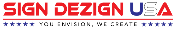 Sign Design USA logo in red, blue, and white. Text: "You envision, we create" below with stars.