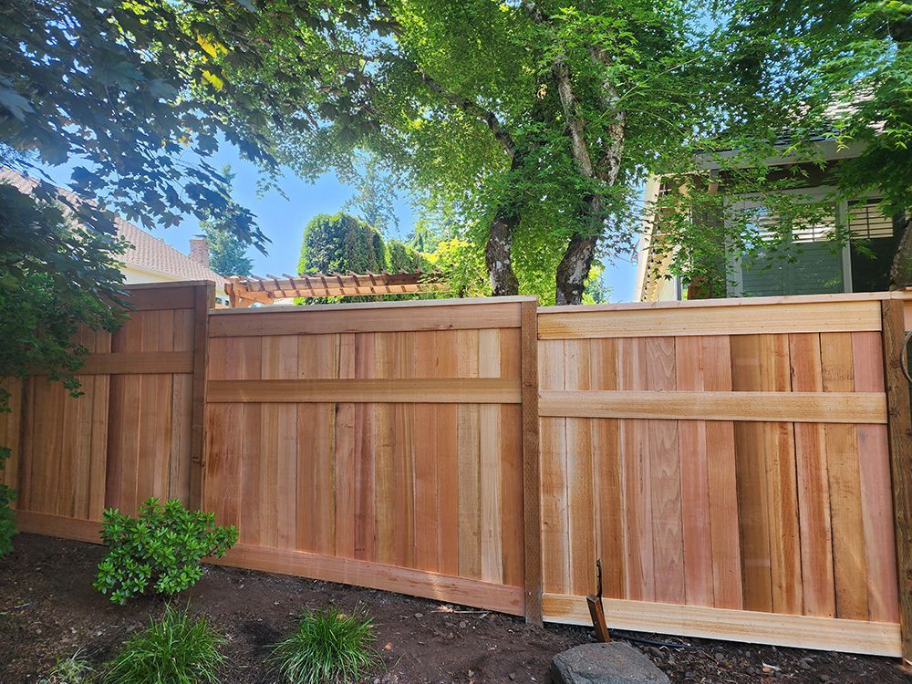 A wooden fence is surrounded by trees in a backyard