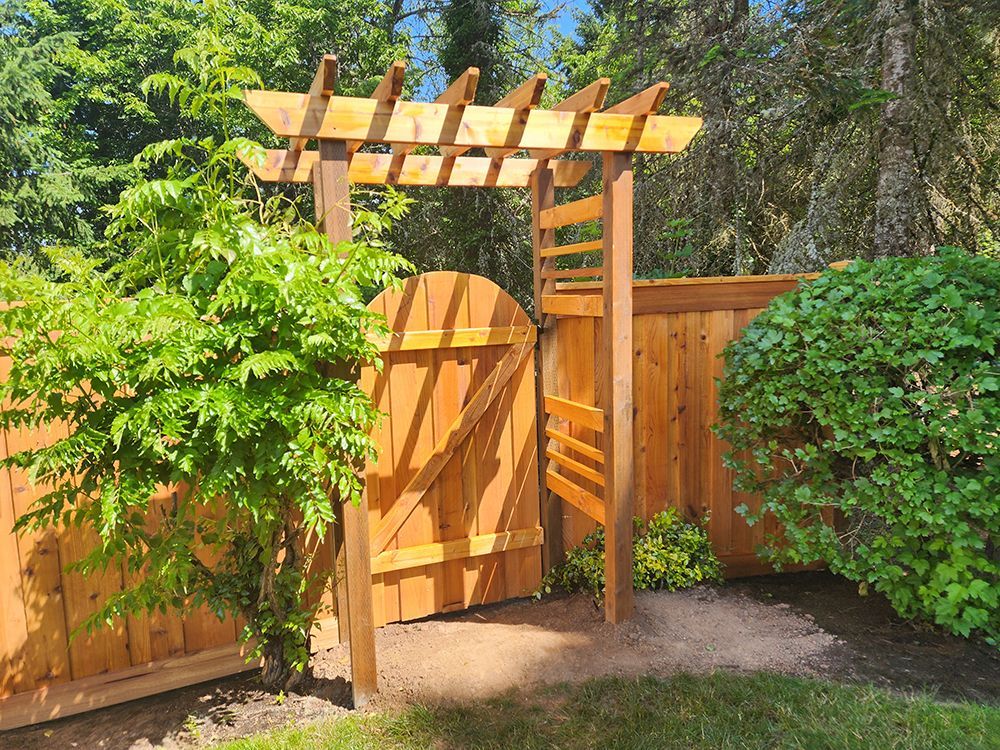 A wooden fence with a gate and a pergola in the backyard