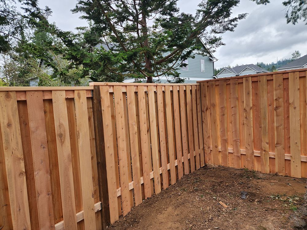 A wooden fence is surrounded by dirt and trees in a backyard