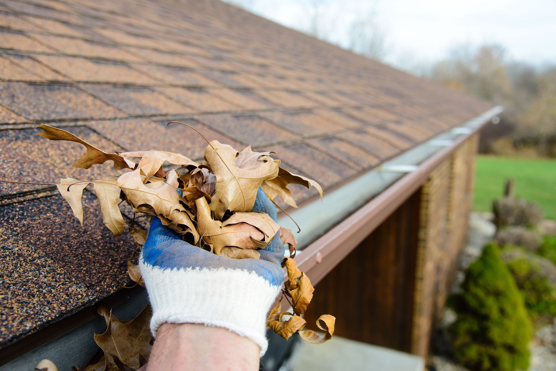Person in gloves cleaning leaves from a brown gutter on a roof.