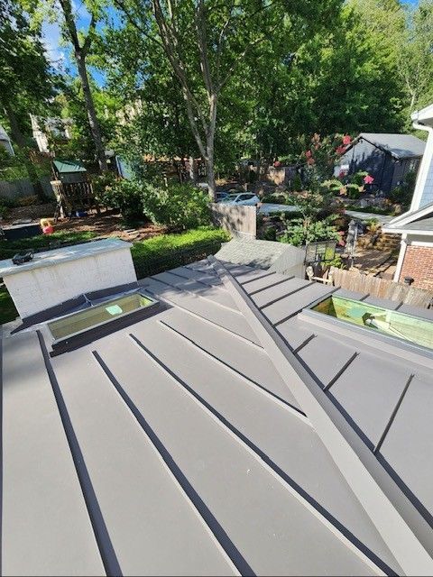 Gray metal roof with skylights, trees, and other houses in the background on a sunny day.