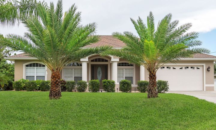 A house with two palm trees in front of it