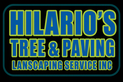 Hilario's Tree & Paving landscaping service logo in blue and yellow on a black background