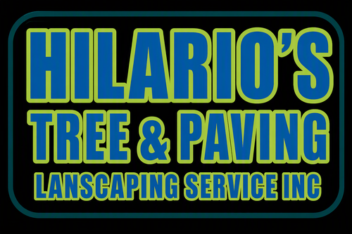Hilario's Tree & Paving landscaping service logo in blue and yellow on a black background