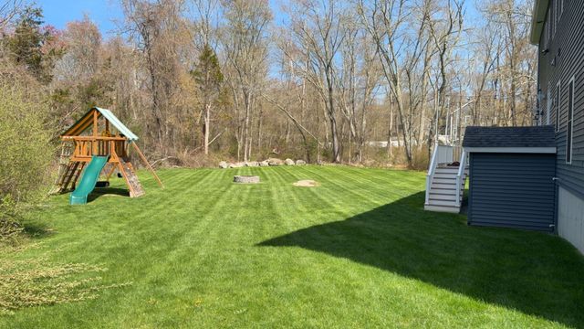 Backyard with green lawn, playset slide, and house stairs in bright sunlight