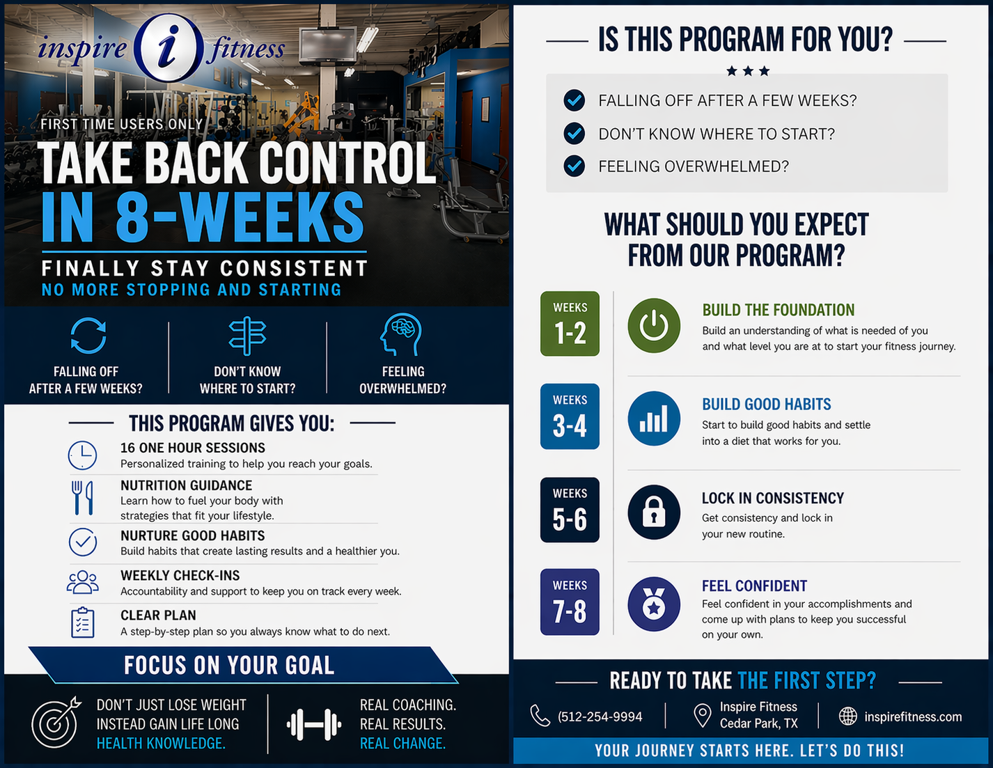Blue-and-white weight-loss program flyer, Take Back Control in 8 Weeks, with goals and weekly steps.