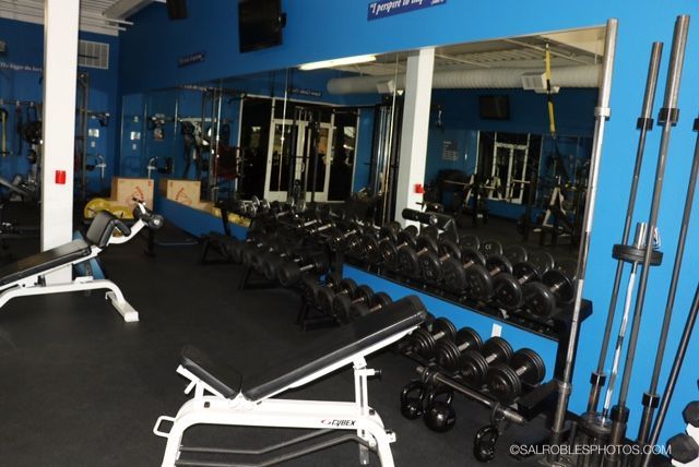 Gym interior with dumbbells, benches, and barbells against a blue wall and large mirror.