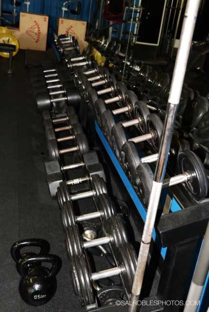 Rows of dumbbells and a barbell in a gym; kettlebells rest on the floor.