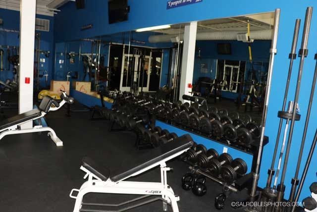 Gym interior with rows of dumbbells, weight benches, mirrors, and blue walls.