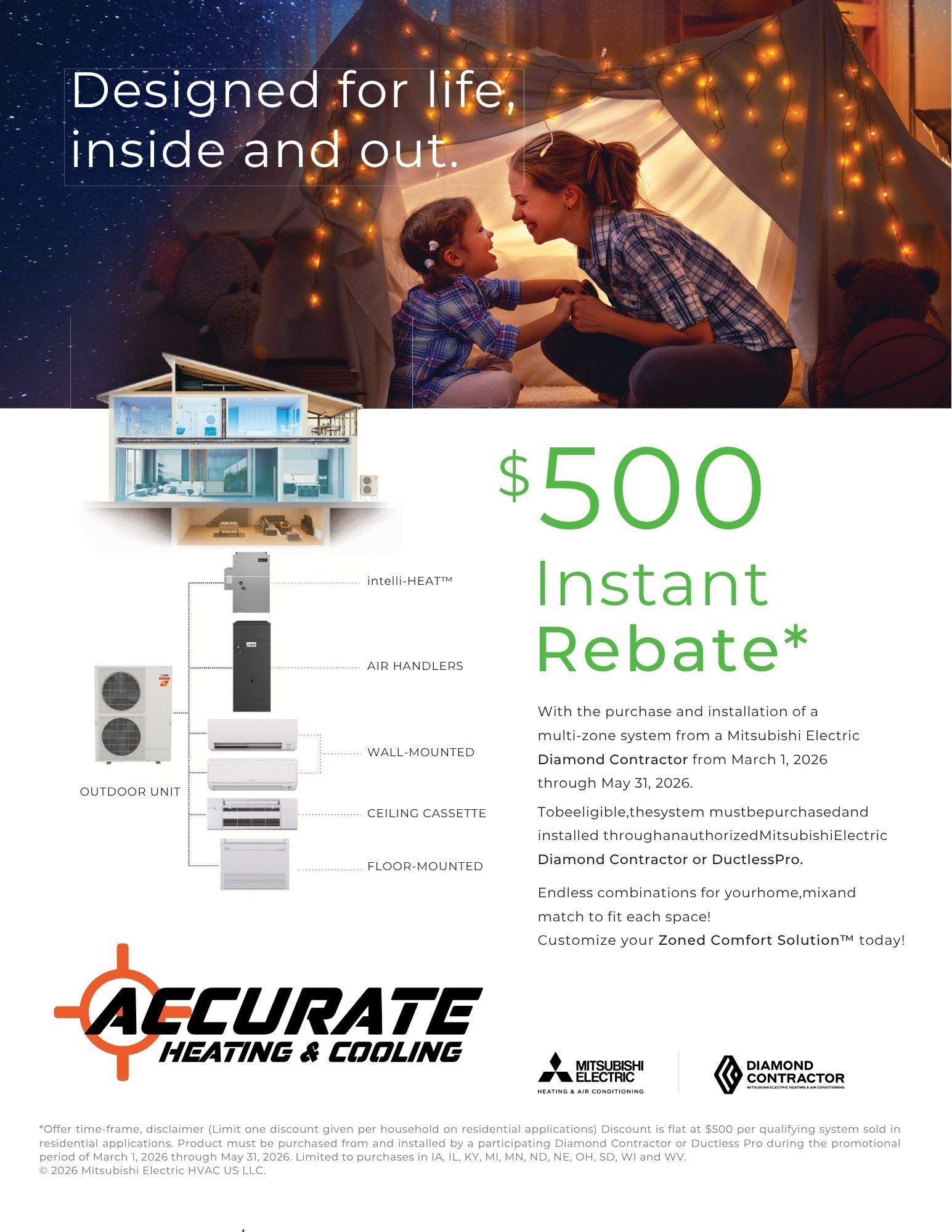 HVAC rebate ad showing family by a decorated tree and a $500 instant rebate for heating and cooling