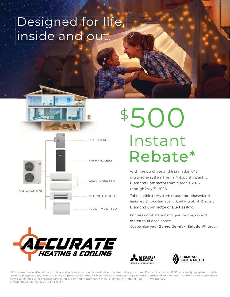 HVAC rebate ad showing family by a decorated tree and a $500 instant rebate for heating and cooling