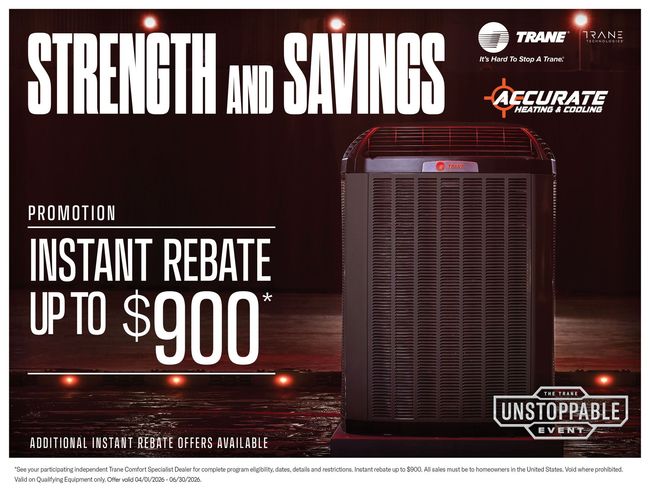 Trane HVAC ad on dark red background: “Strength and Savings” and “Instant rebate up to $900” beside furnace unit