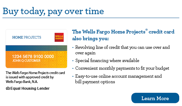 Promotional banner for the Wells Fargo Home Projects credit card, featuring card details and a Learn More button.