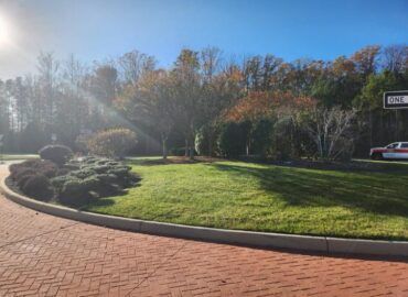 Landscaped lawn with shrubs, trees, and brick-paved curb; car parked at right.