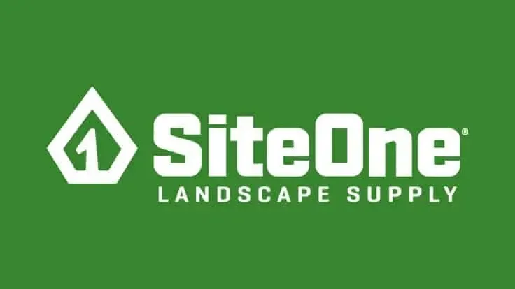 SiteOne Landscape Supply logo on green background: white diamond shape with number one, company name, and tagline.