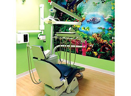Dentist's office, children's chair with dental equipment. Jungle mural on wall.