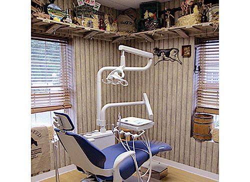 Dental operatory with chair, light, and equipment; wooden shelves with decor; wood-paneled walls; blinds.