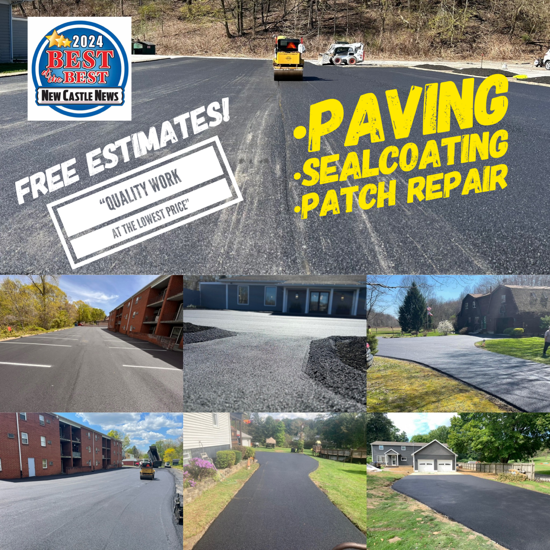 A collage of pictures of a road that says paving sealcoating patch repair