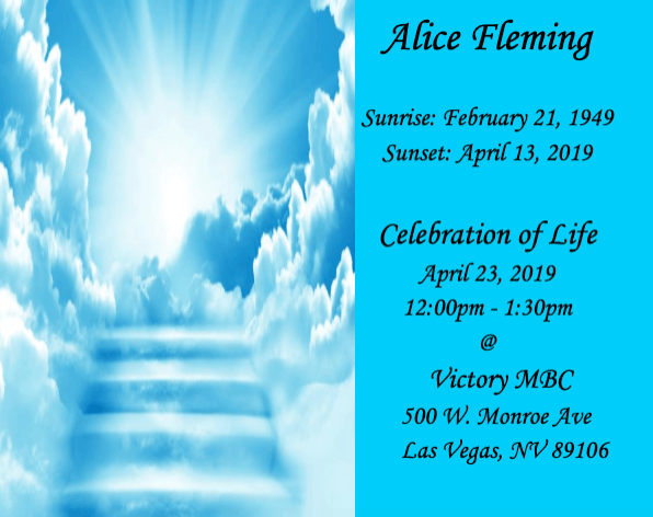 Blue sky staircase with white clouds and a memorial notice for Alice Fleming with service details.