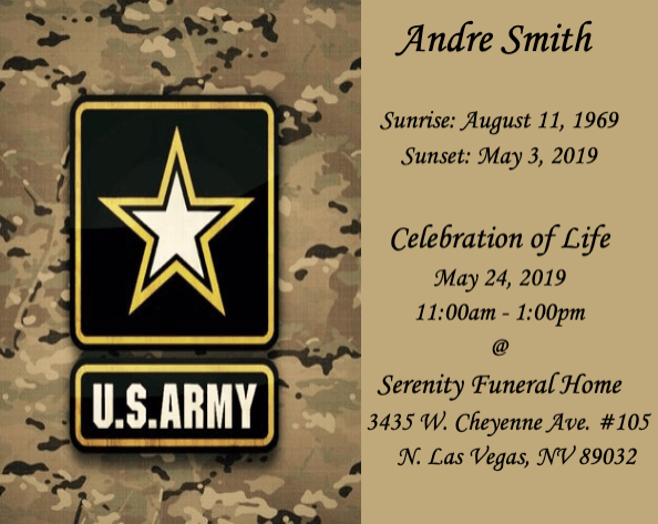 Memorial card for Andre Smith with U.S. Army emblem and service celebration details on tan camo background