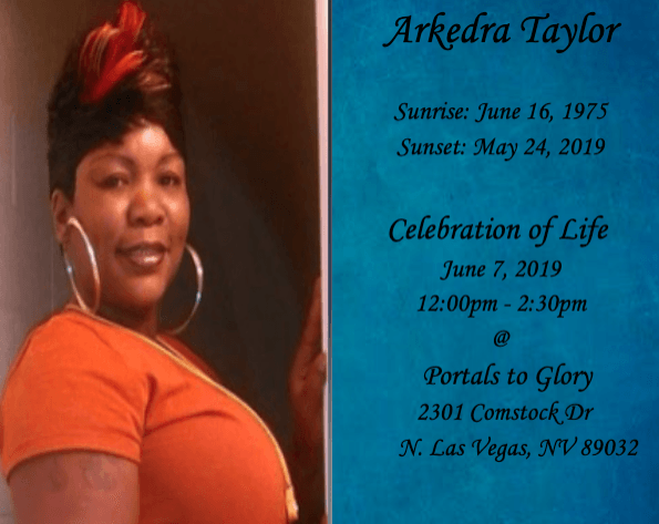Memorial card for Arkedra Taylor with portrait, life dates, and Celebration of Life details.