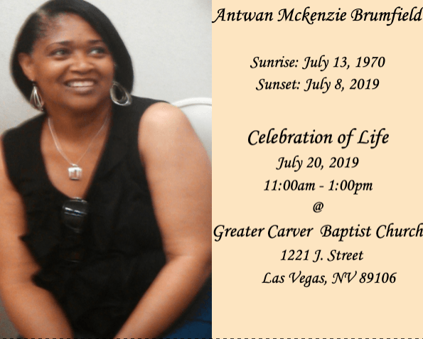 Memorial flyer with smiling woman portrait and service details at Greater Carver Baptist Church, Las Vegas