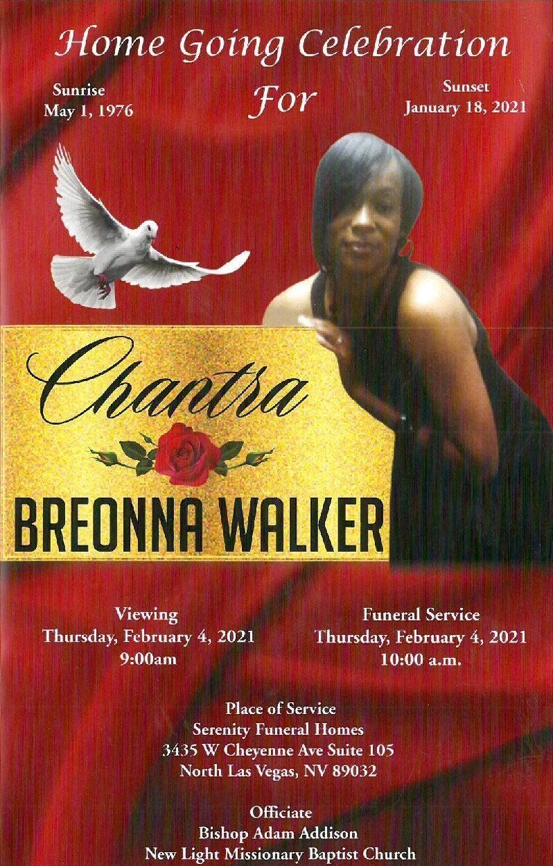 Home going celebration poster with red drapery, white dove, and memorial details for Chantra Breonna Walker
