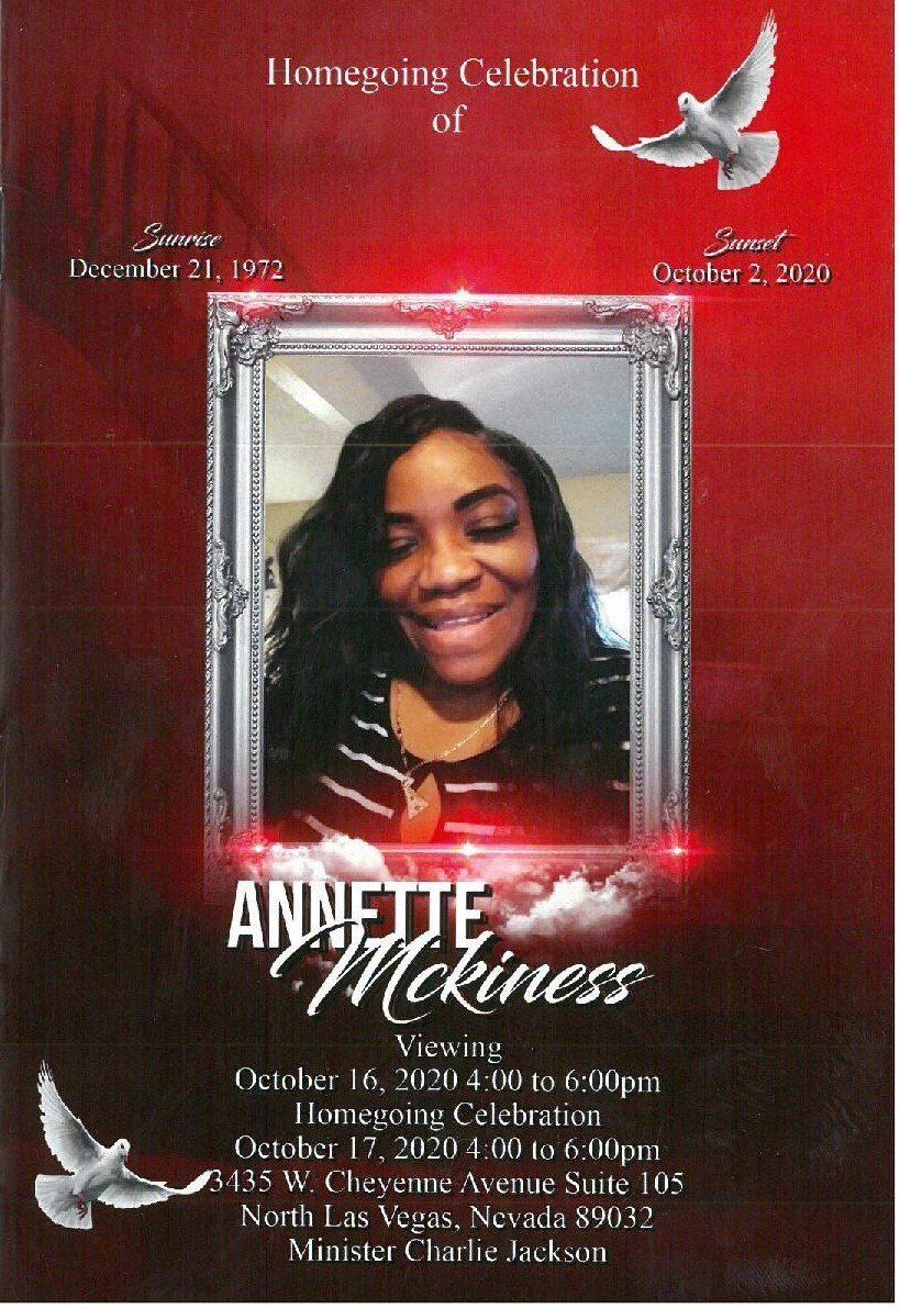Memorial celebration flyer with a framed portrait, red background, white doves, and event details.