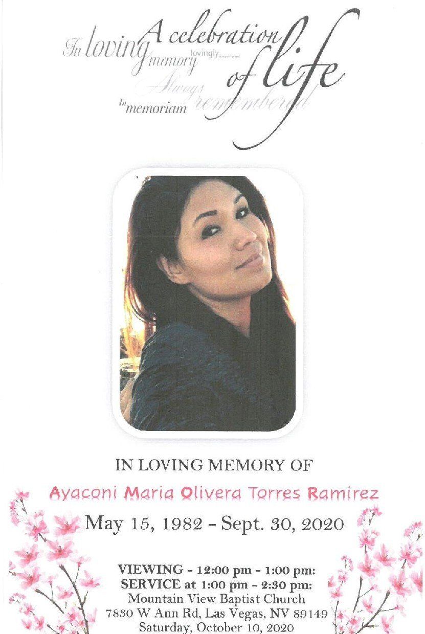 Memorial card with a portrait photo, floral accents, and funeral service details for Avaceli Maria Oliveira Torres Ramirez