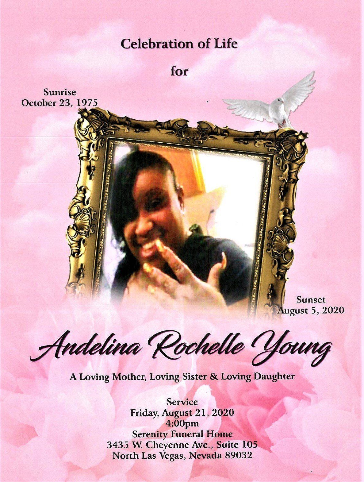 Pink memorial poster with framed portrait, white doves, and “Celebration of Life” text for Adelina Rochelle Young