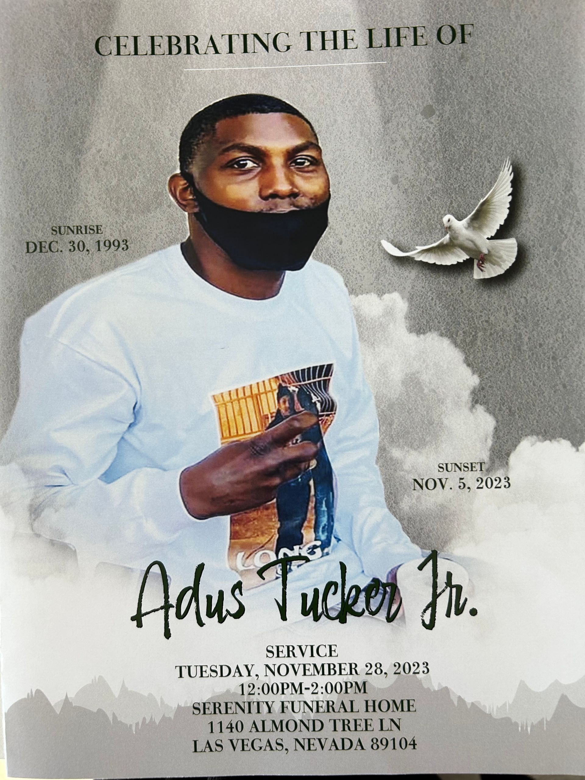 Memorial flyer with a man’s portrait, dove, and service details on a gray background.