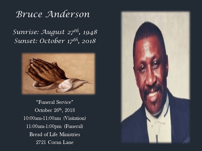 Memorial card for Bruce Anderson with portrait, praying hands, and service details on a dark background