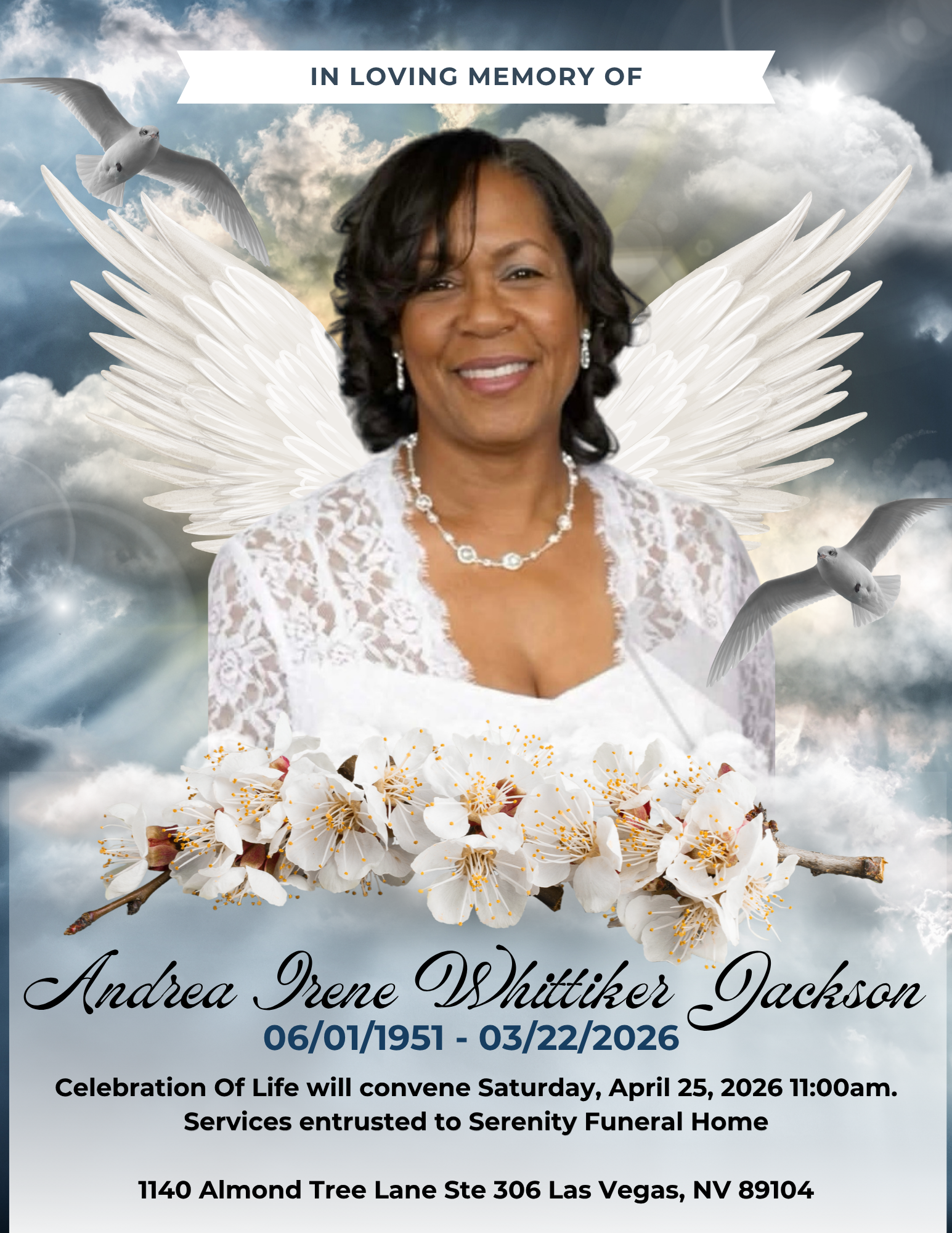 Memorial tribute poster with a smiling woman, white angel wings, clouds, and flowers, honoring Andrea Jones Whitney Johnson