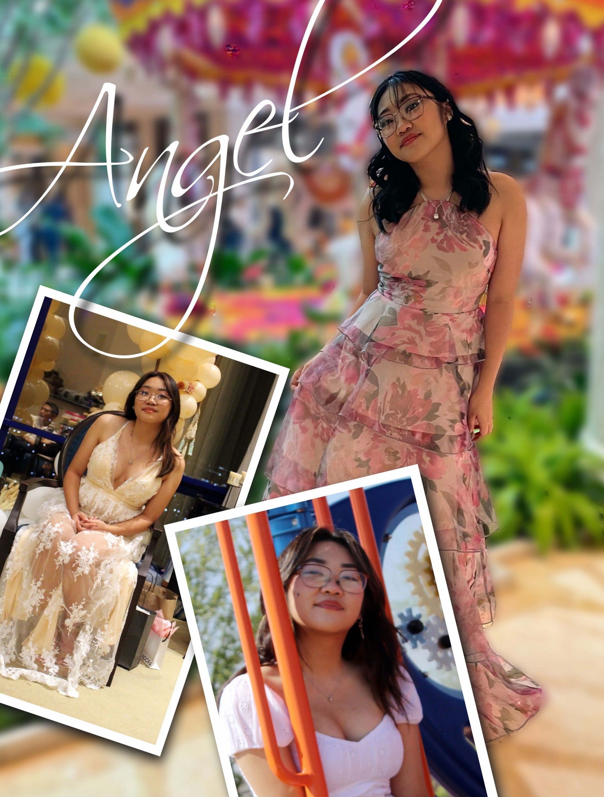 Collage of a woman in pink floral outfits posing outdoors, with decorative “Angel” text and inset photos
