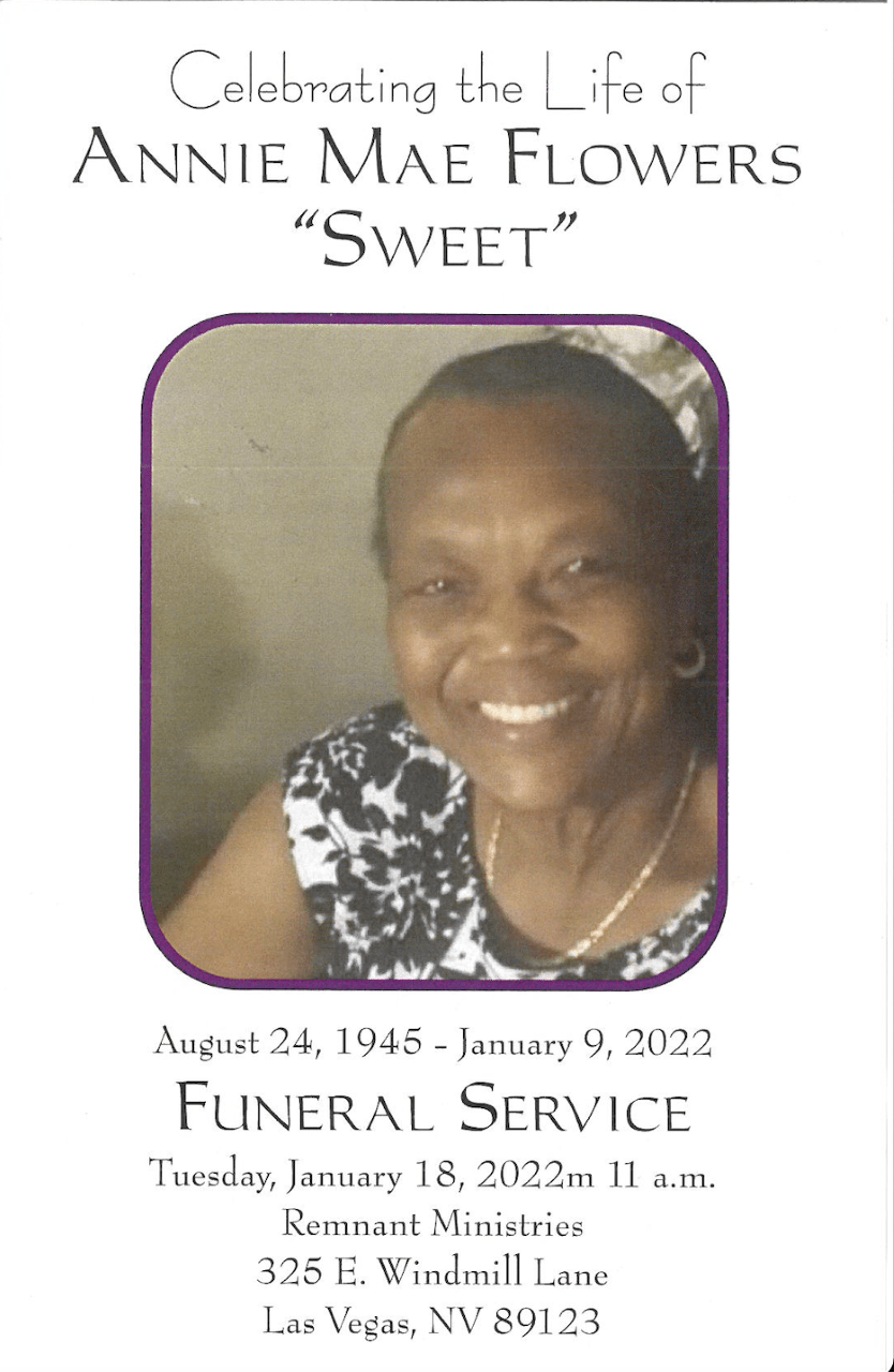 Memorial program cover with smiling portrait, purple border, and funeral service details for Annie Mae Flowers 