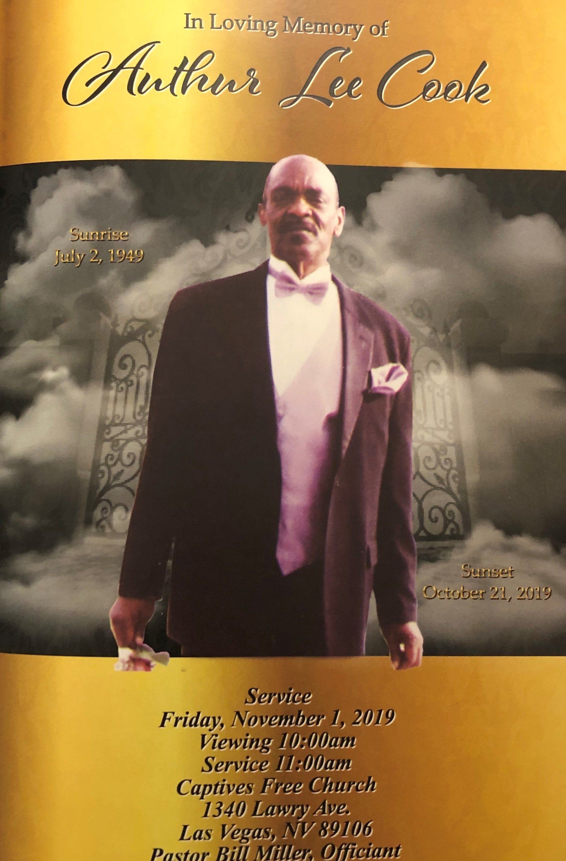 Book cover of Arthur Lee Cook standing in a tuxedo against a cloudy gold background